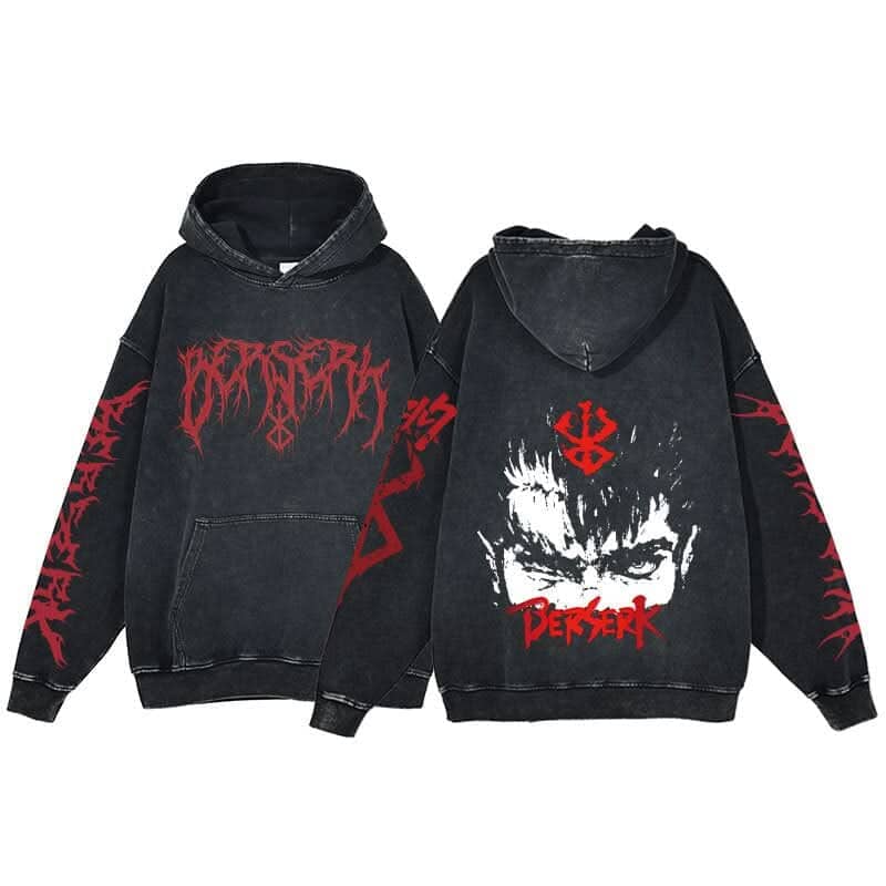 Anime Berserk Hoodie Men's Clothing Black Vintage Print Cot Colored Strings 