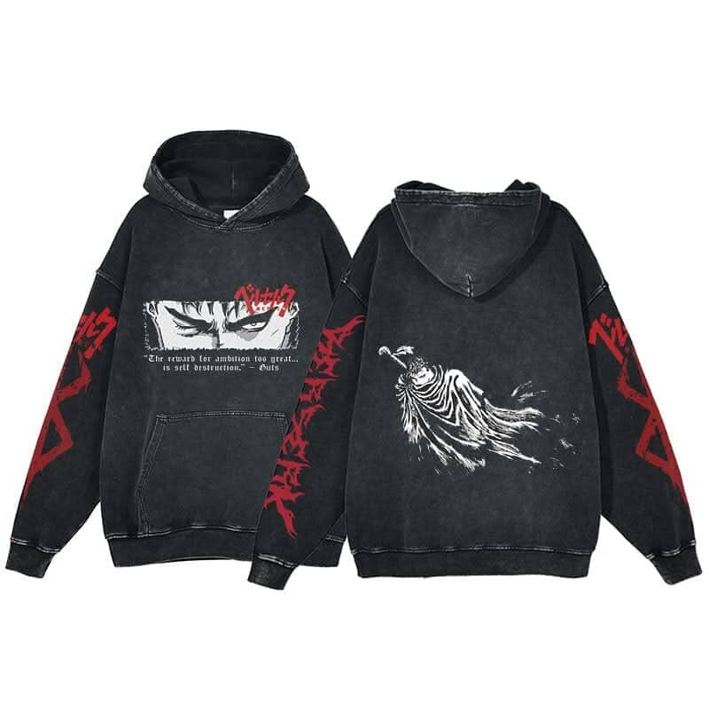 Anime Berserk Hoodie Men's Clothing Black Vintage Print Cot Colored Strings Style 24 L 