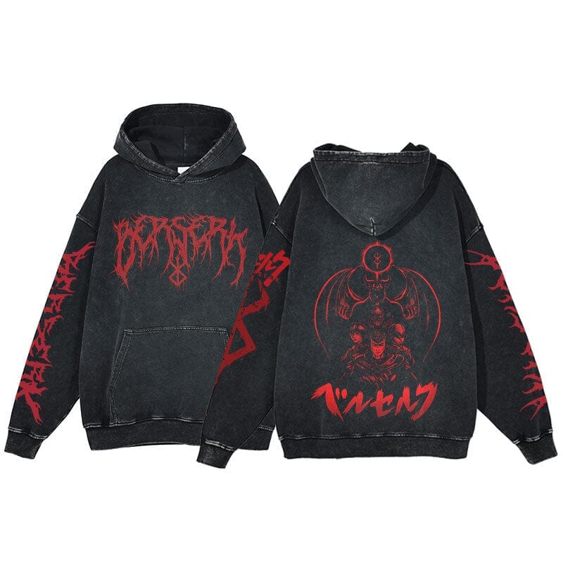 Anime Berserk Hoodie Men's Clothing Black Vintage Print Cot Colored Strings 