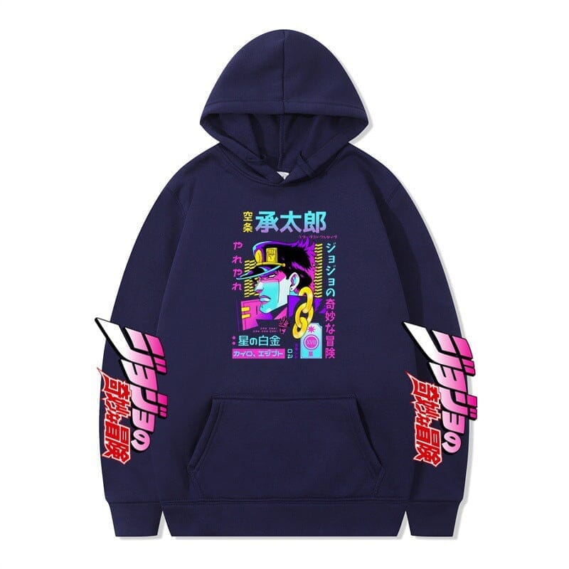 Autumn and winter new products AliExpress JOJO's Bizarre Adventure Jotaro anime plus velvet hoodie cross-border hooded sweatshirt Colored Strings Navy blue S 