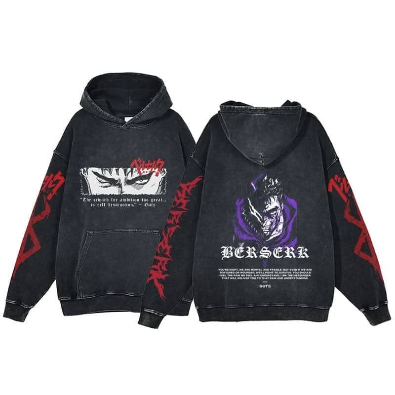 Anime Berserk Hoodie Men's Clothing Black Vintage Print Cot Colored Strings 